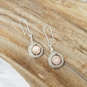 Handmade Pink Zebra Jasper Sterling Silver Wire Wrap Dangle Earrings